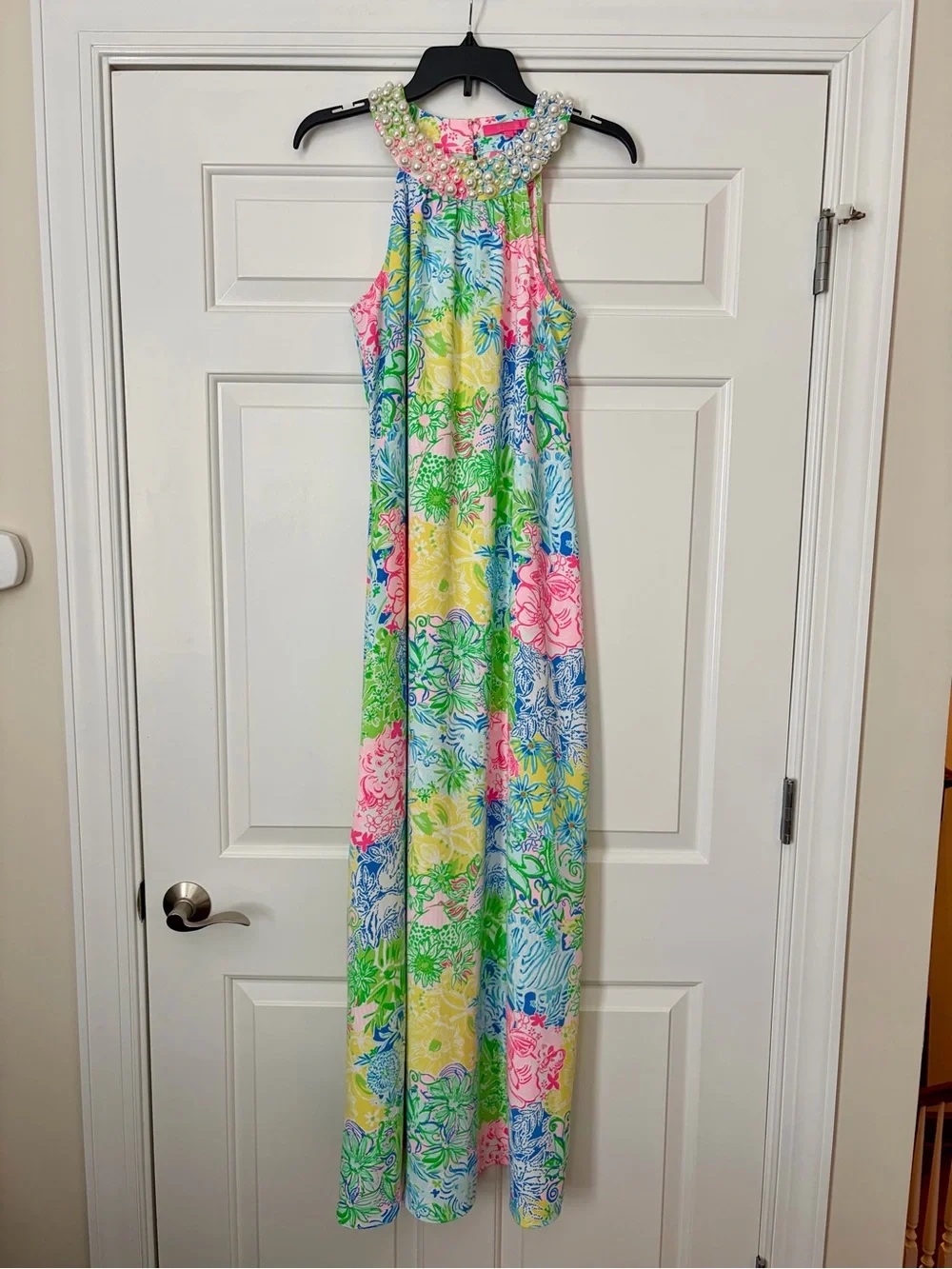 RARE Lilly Pulitzer Shawn Bead Pearl Neck Maxi Halter Dress Cheek to Cheek Small - Picture 2 of 4